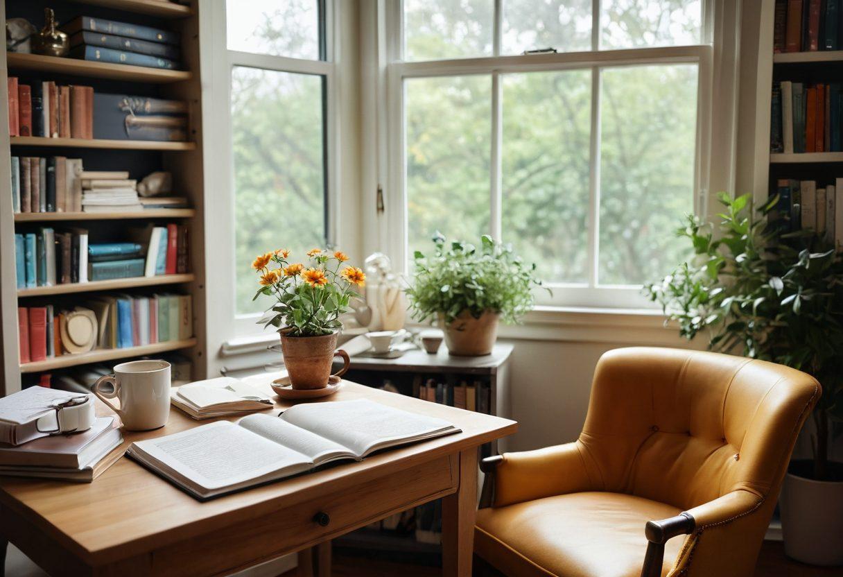 A serene workspace featuring an open notebook filled with handwritten thoughts, a steaming cup of coffee beside it, and soft natural light streaming in from a window, symbolizing the creative process. A cozy armchair and a bookshelf filled with colorful books in the background, hinting at inspiration. Include gentle floral elements to add warmth and vibrancy. super-realistic. warm colors. soft focus.