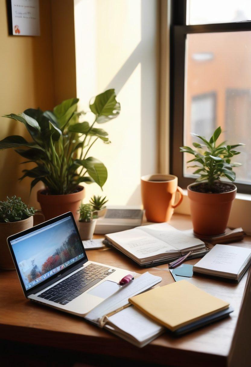 A cozy workspace filled with colorful stationery, an open laptop displaying a beautifully designed blog interface, and a steaming cup of coffee. Soft sunlight streams through a nearby window, illuminating a wall with notes and photographs. A potted plant adds a touch of nature, while a notebook with handwritten thoughts lies open. The scene captures the essence of personal creativity and reflection. warm and inviting. super-realistic. vibrant colors.