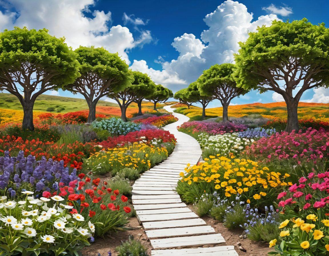 A winding pathway leading through a surreal landscape filled with colorful blog icons and social media symbols, intertwining with blooming flowers and trees symbolizing growth and discovery. A person, equipped with a backpack, stands at the beginning of the path, looking forward with excitement, representing the personal journey. Bright, inviting colors and a whimsical, dream-like atmosphere add to the allure. super-realistic. vibrant colors. white background.